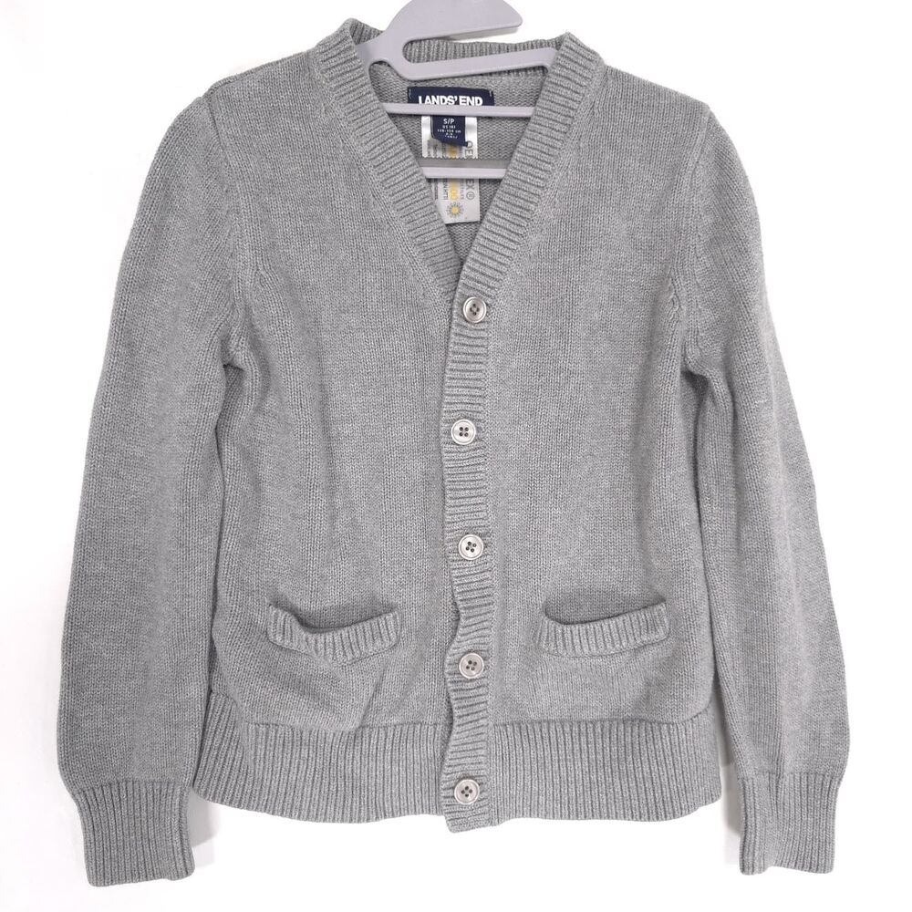 LANDS END Kids Boys Cardigan SMALL Gray Button‎ Cotton Modal OEKO-TEX CERTIFIED